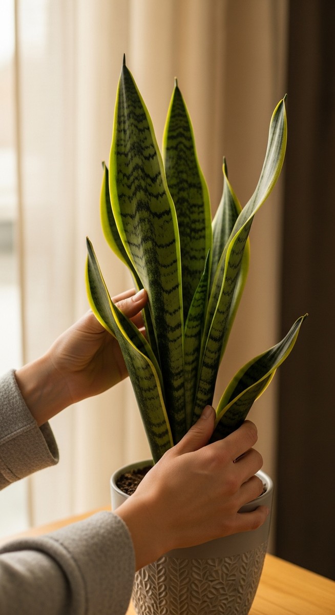 hands touching the leaves of a healthy snake plant plant