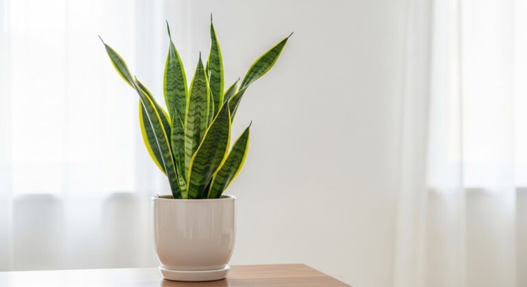 a healthy snake plant plant displayed in a bright modern living room, for snake plant care