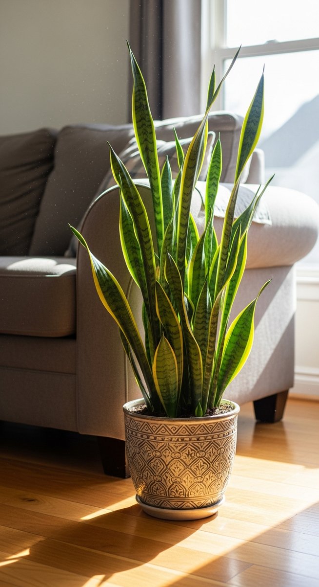 a snake plant plant in a decorative pot on a wooden floor