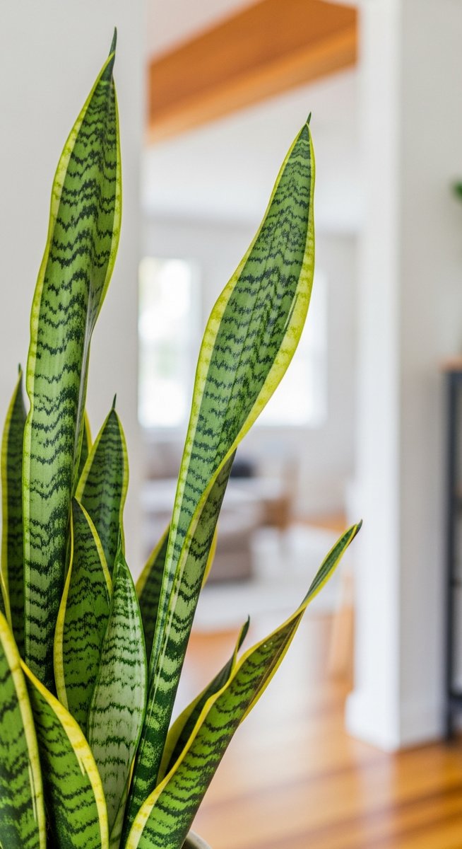 close-up of snake plant leaves looking lush in a bright home interior