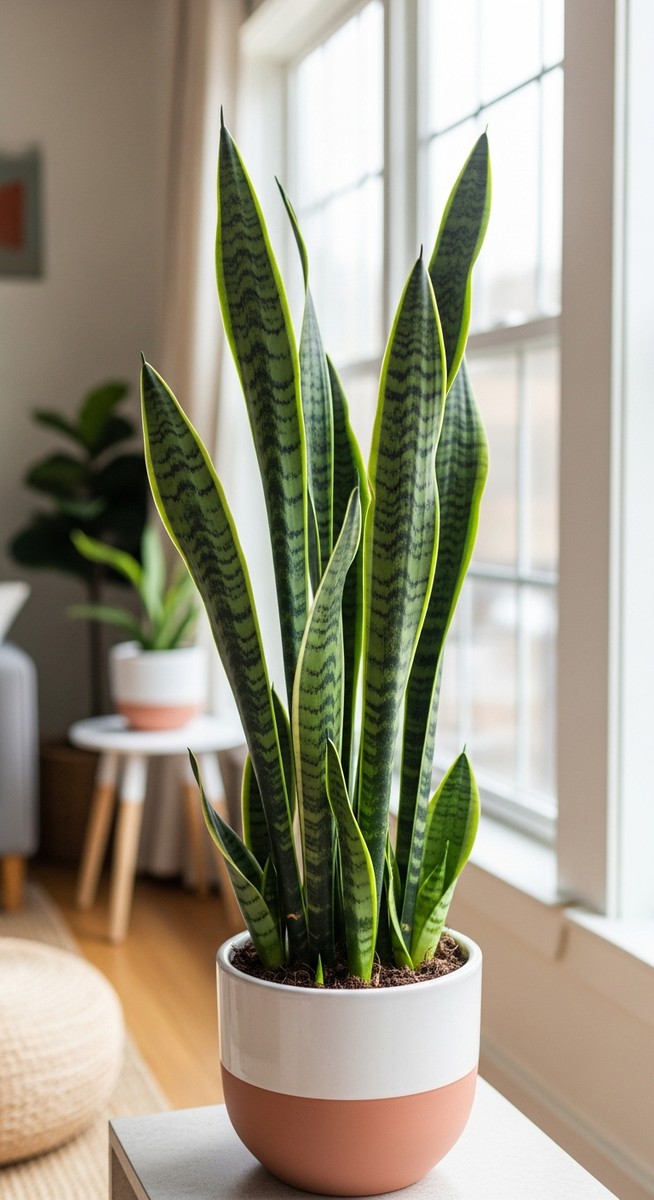 a snake plant thriving in a bright home interior, for snake plant light