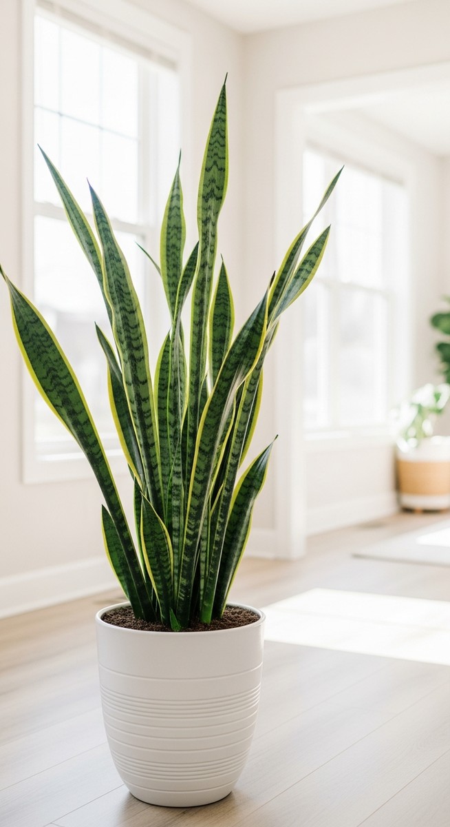 wide shot of a snake plant positioned in a bright home interior