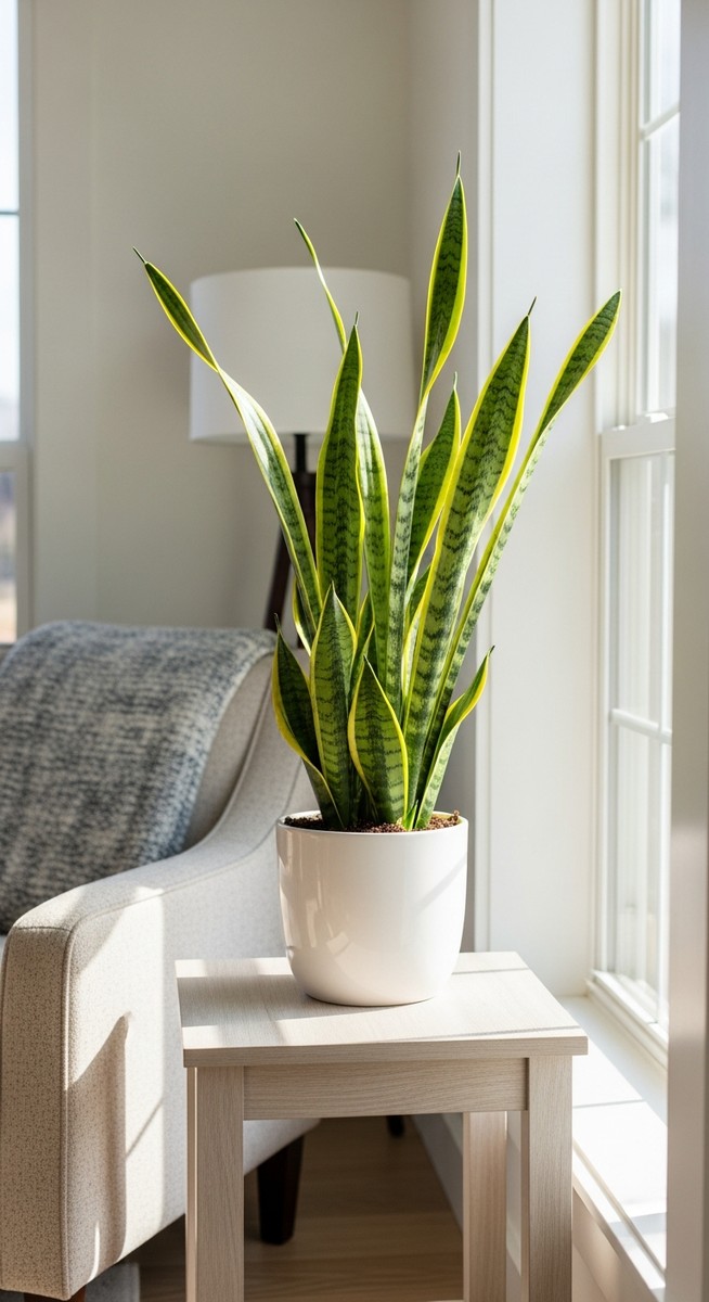a snake plant growing toward the light source in a bright home interior, for snake plant light