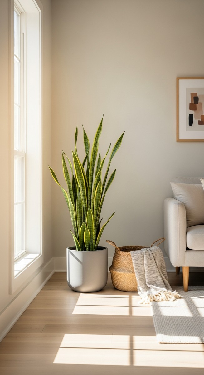 a snake plant with its leaves oriented toward the light in a bright home interior