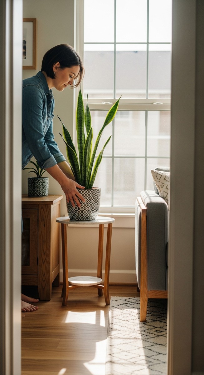 a person placing a snake plant in the ideal spot in a bright home interior, for snake plant light