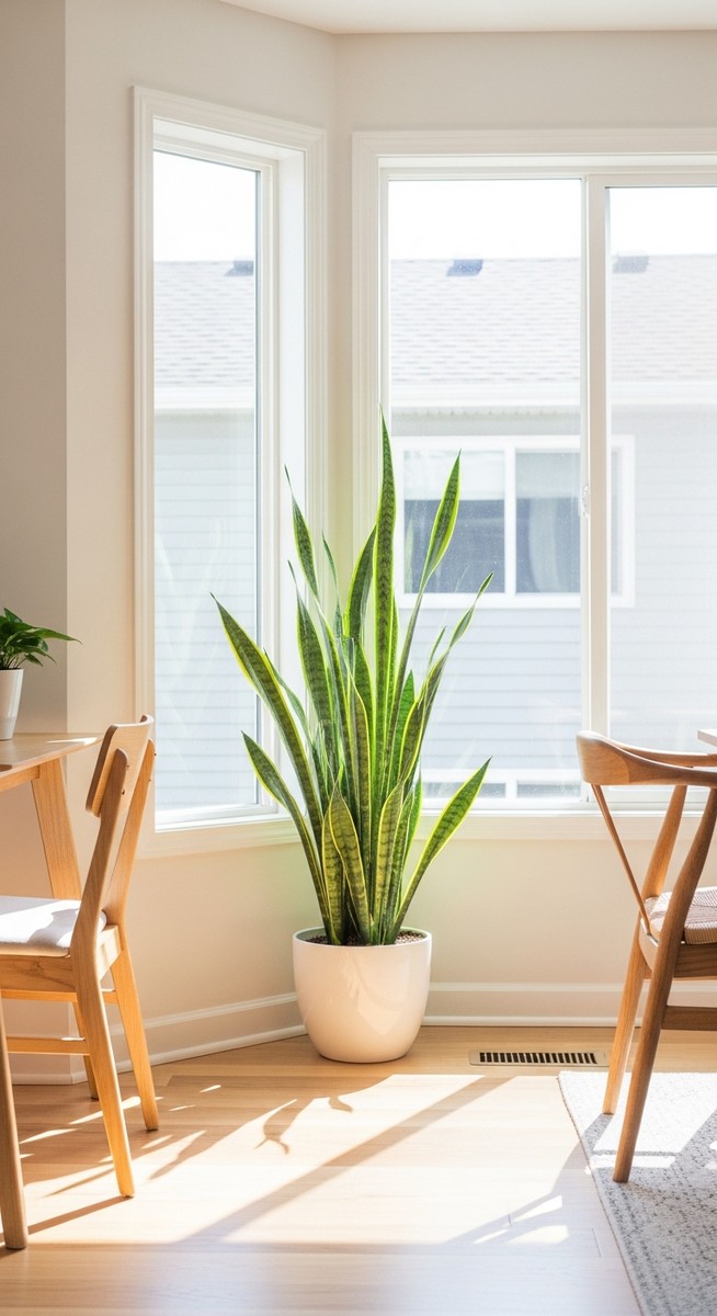 a snake plant in the brightest spot of a bright home interior
