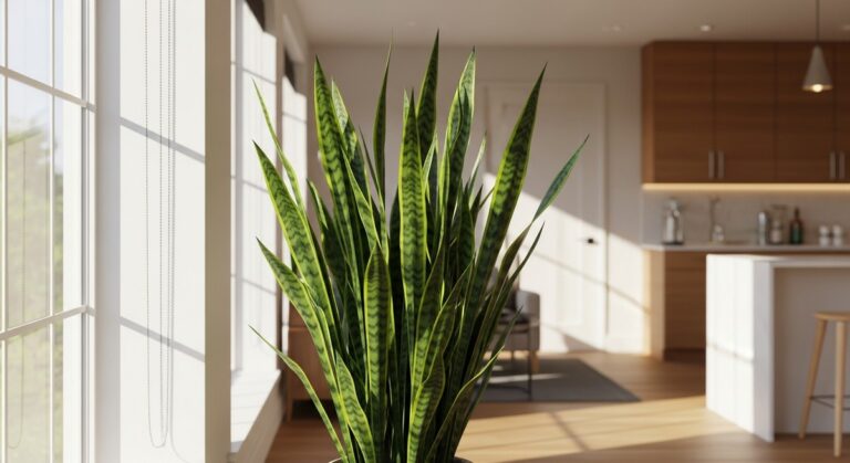 a snake plant looking healthy in a bright home interior, for snake plant light