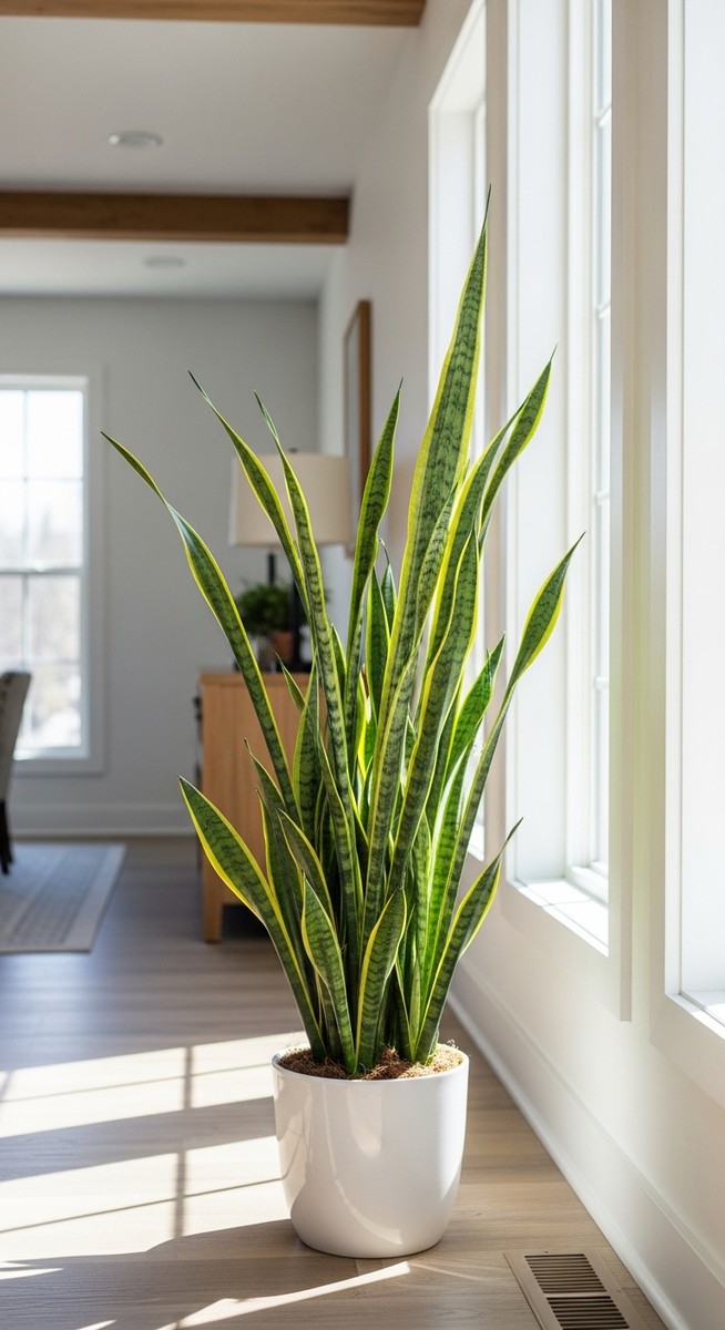 a snake plant with its leaves oriented toward the light in a bright home interior