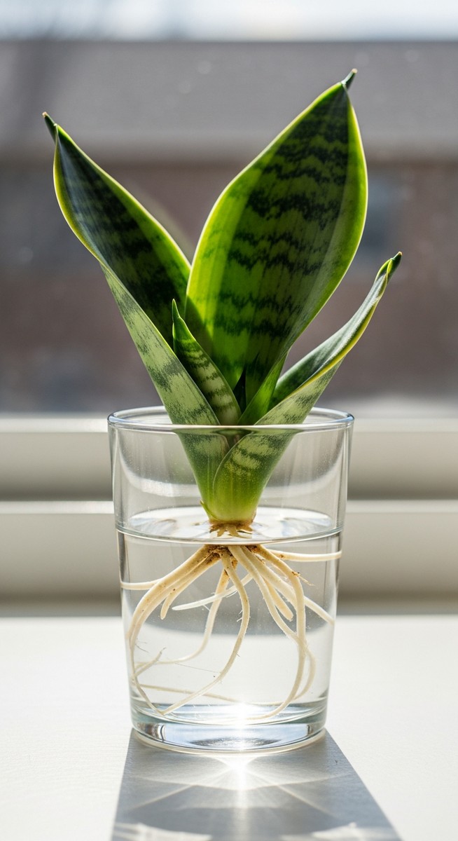 a snake plant cutting in water with white roots beginning to develop