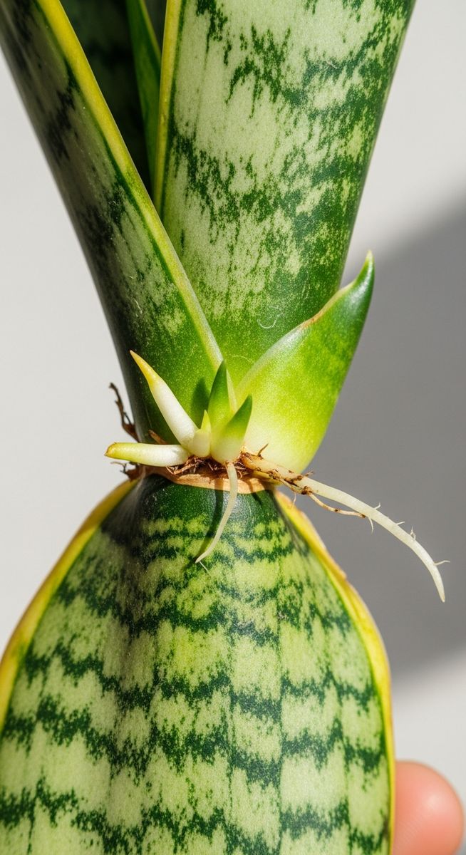 close-up of a snake plant cutting node with root nubs emerging, for snake plant propagation