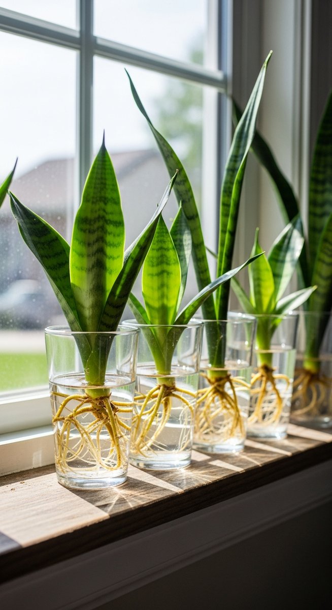 several snake plant cuttings in glasses of water on a windowsill