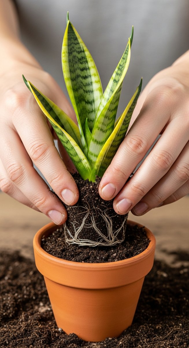 hands planting a rooted snake plant cutting into fresh soil, for snake plant propagation