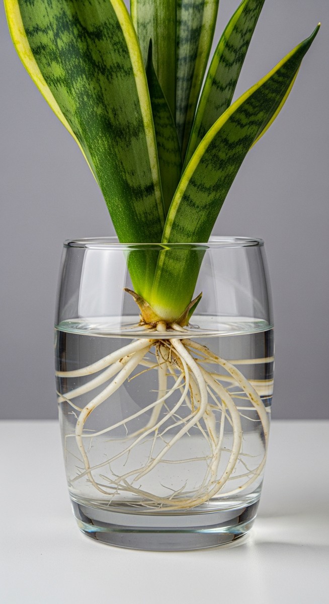 close-up of white roots growing from a snake plant cutting in water, for snake plant propagation