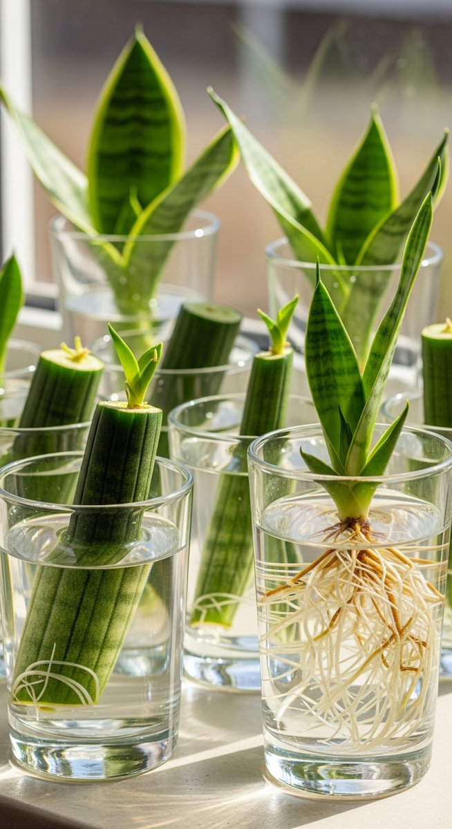 multiple snake plant cuttings at different stages of rooting in water