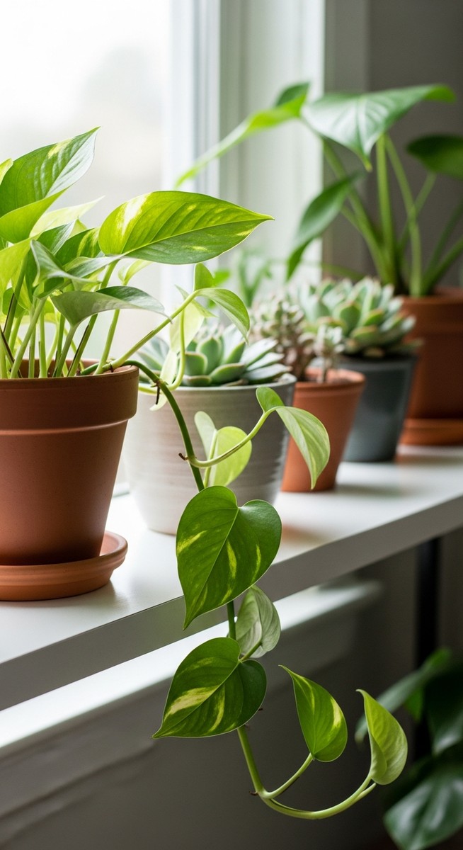 a lush pothos plant in a terracotta pot on a white shelf
