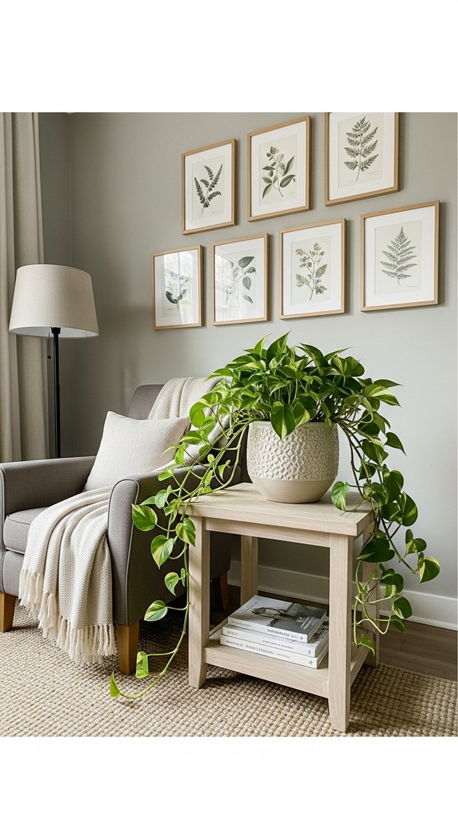 a large thriving pothos plant as a living room focal point, for snow queen pothos