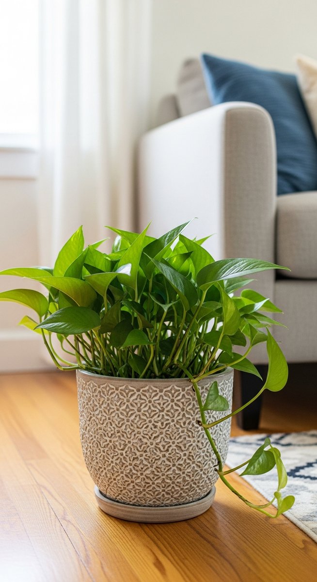 a pothos plant in a decorative pot on a wooden floor