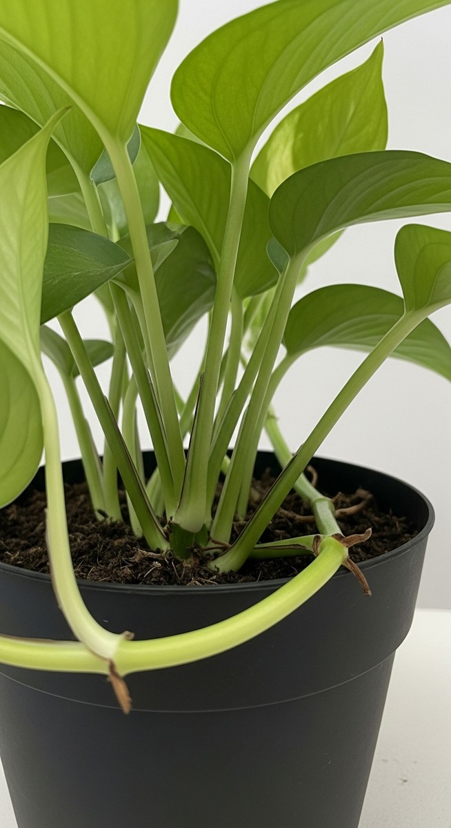 close-up of the base and lower leaves of a pothos plant, for snow queen pothos