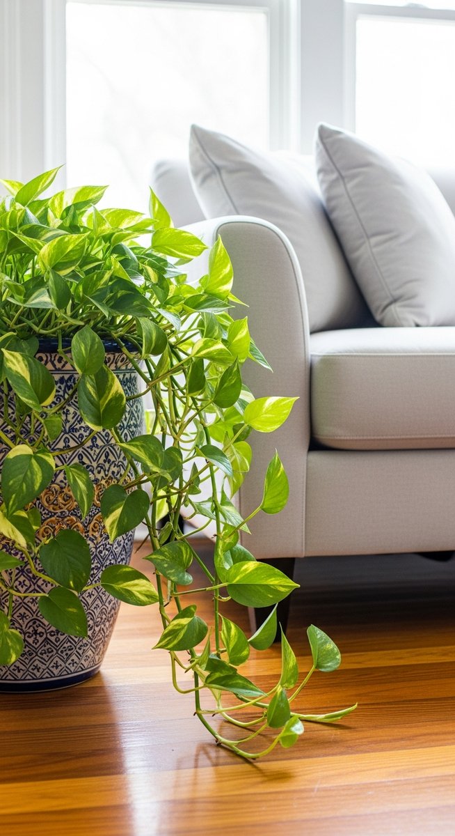 a pothos plant in a decorative pot on a wooden floor