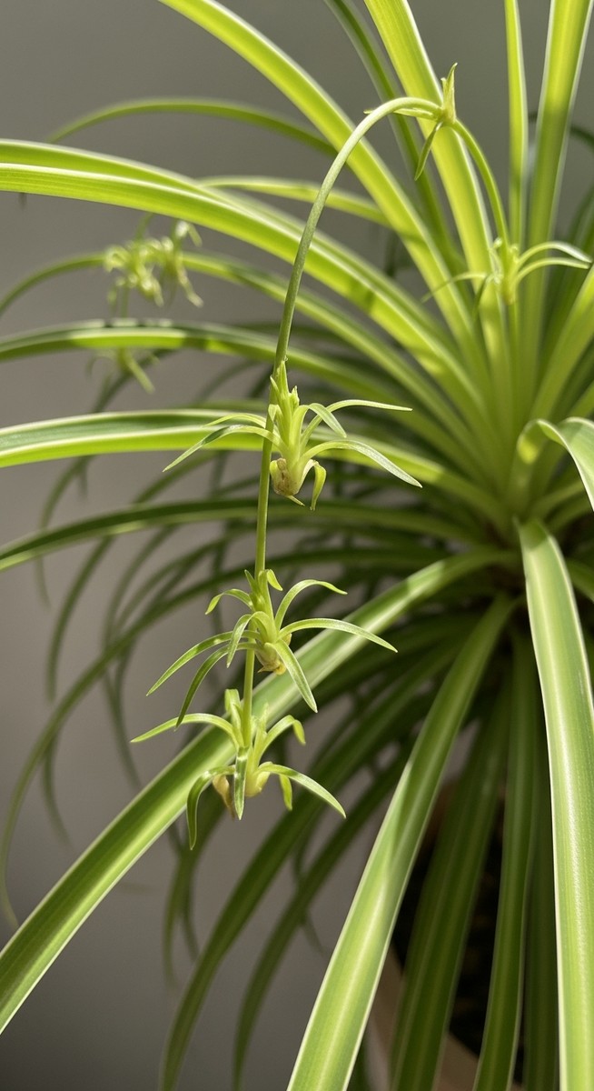 Close-up of small spider plant plantlets hanging from the long arching stems of, for spider plant babies