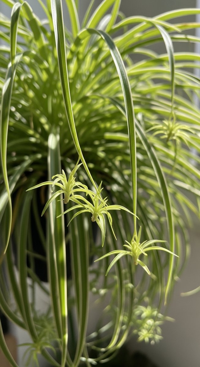 Close-up of small spider plant plantlets hanging from the long arching stems of, for spider plant babies