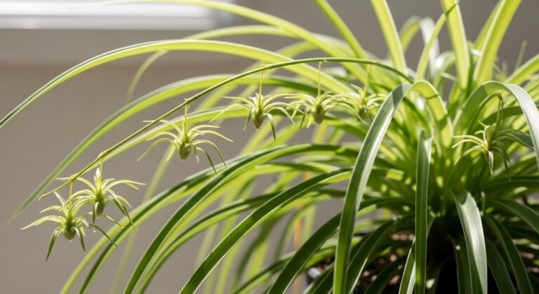 Close-up of small spider plant plantlets hanging from the long arching stems of, for spider plant babies