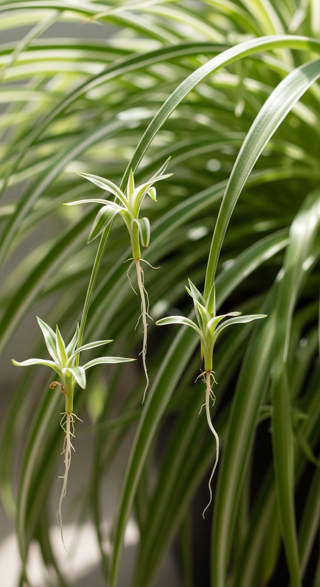 Close-up of small spider plant plantlets hanging from the long arching stems of