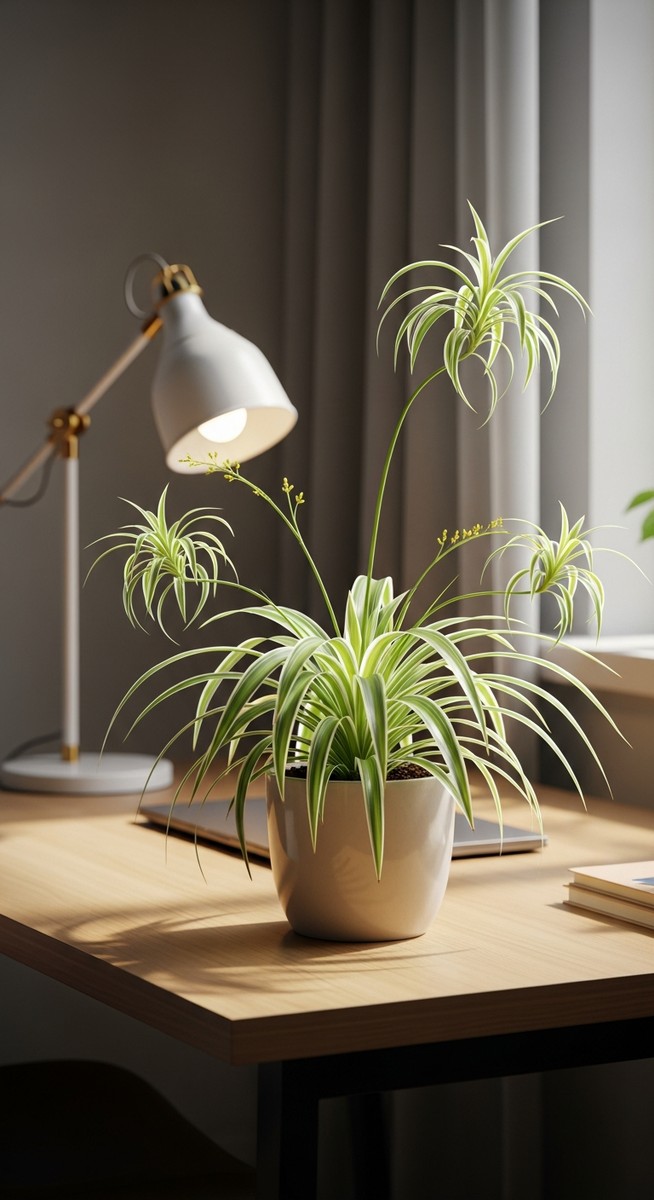a spider plant plant on a home office desk creating a calming atmosphere