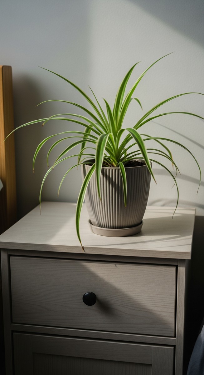 a spider plant plant on a bedside table in a cosy bedroom setting, for spider plant benefits