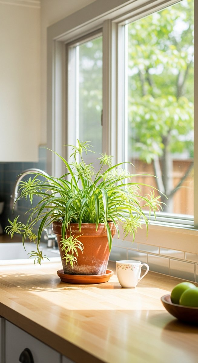 a spider plant plant on a kitchen windowsill in a bright fresh kitchen