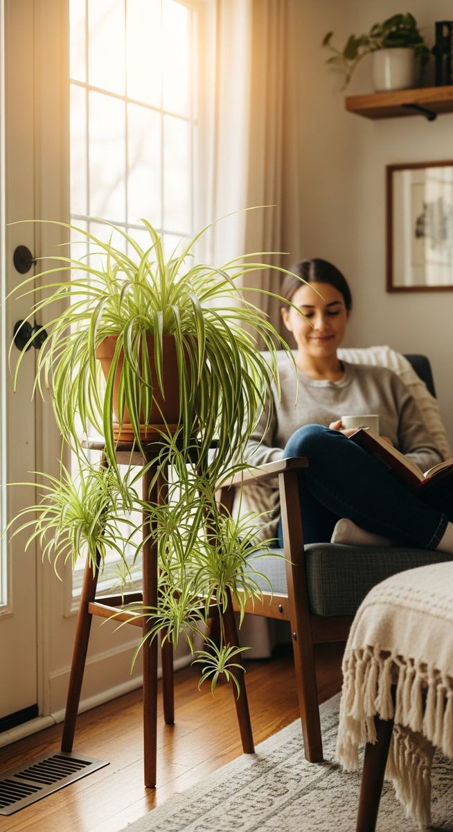 a person relaxing near a large spider plant plant in a bright home interior