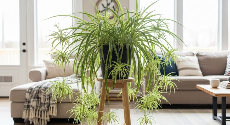 a large healthy spider plant plant in a bright airy living room, for spider plant benefits