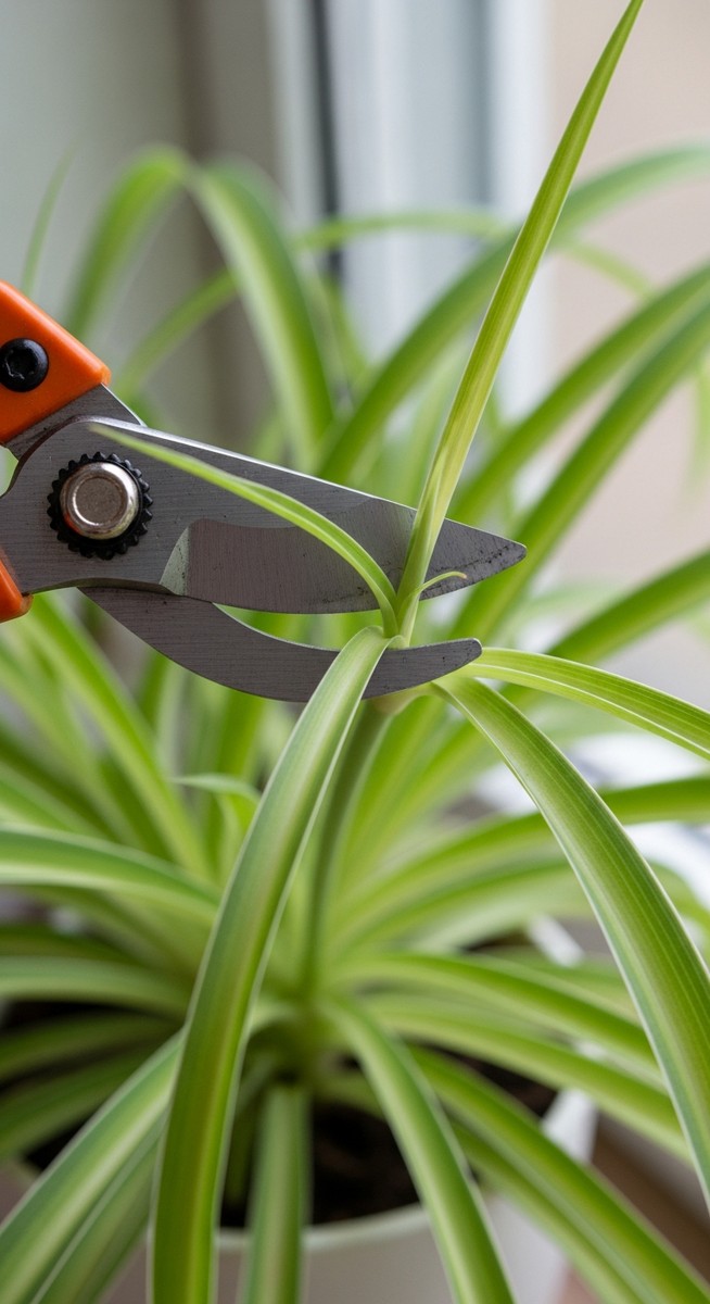 close-up of pruning shears making a clean cut on a spider plant plant stem