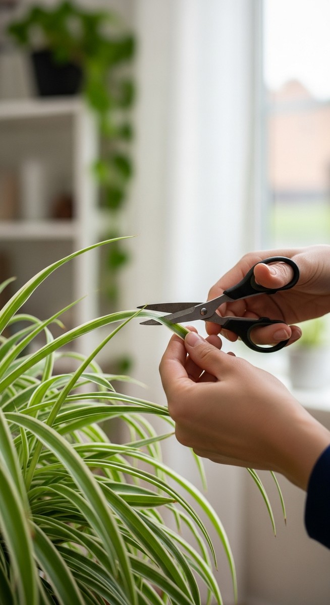 a person trimming a damaged leaf from a spider plant plant with scissors