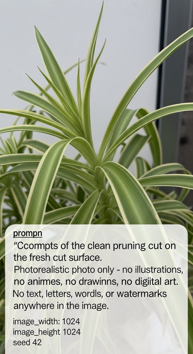 close-up of a clean pruning cut on a spider plant plant stem, for spider plant bonsai