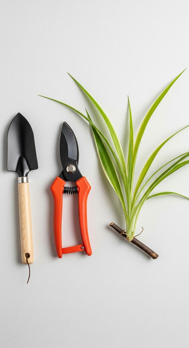 pruning tools laid out next to a spider plant plant ready to be trimmed