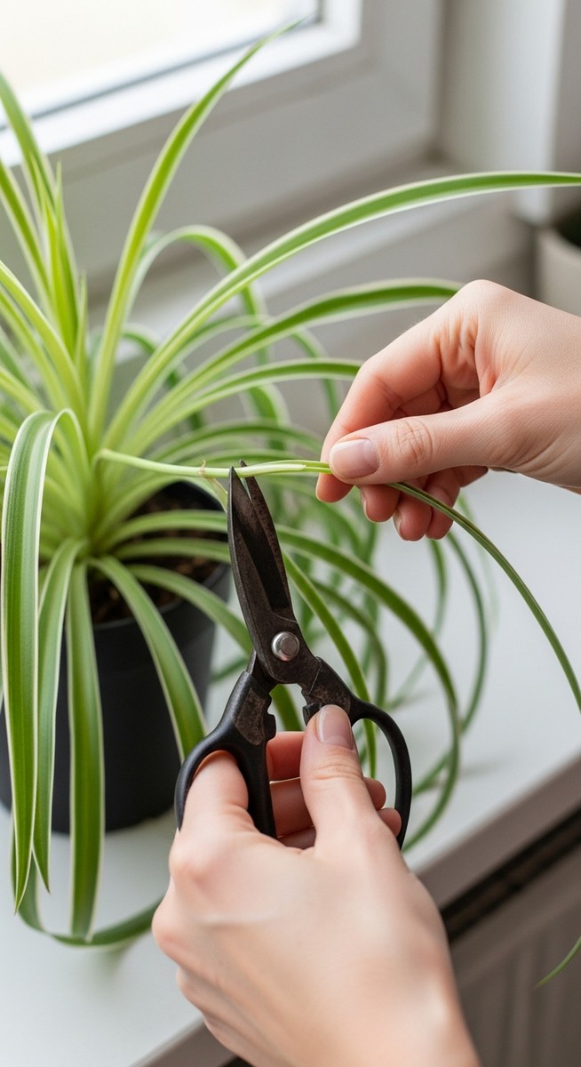 hands removing an overgrown stem from a spider plant plant with scissors, for spider plant bonsai