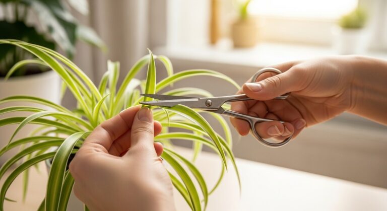 hands using pruning scissors to trim a leaf from a spider plant plant, for spider plant bonsai