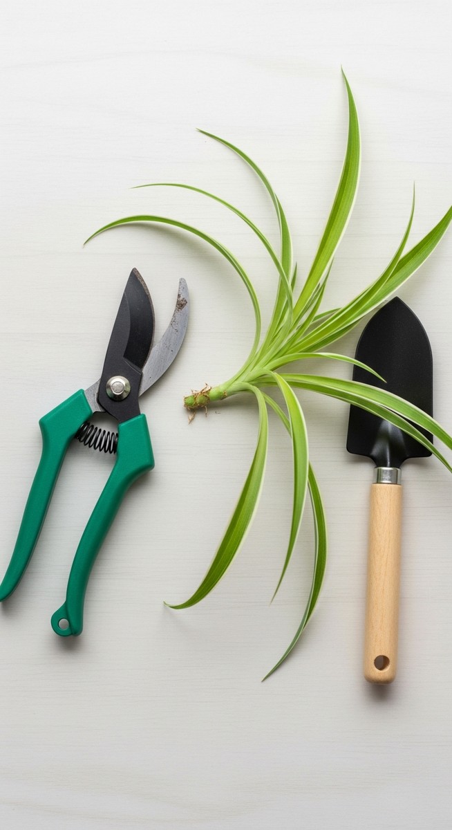 pruning tools laid out next to a spider plant plant ready to be trimmed