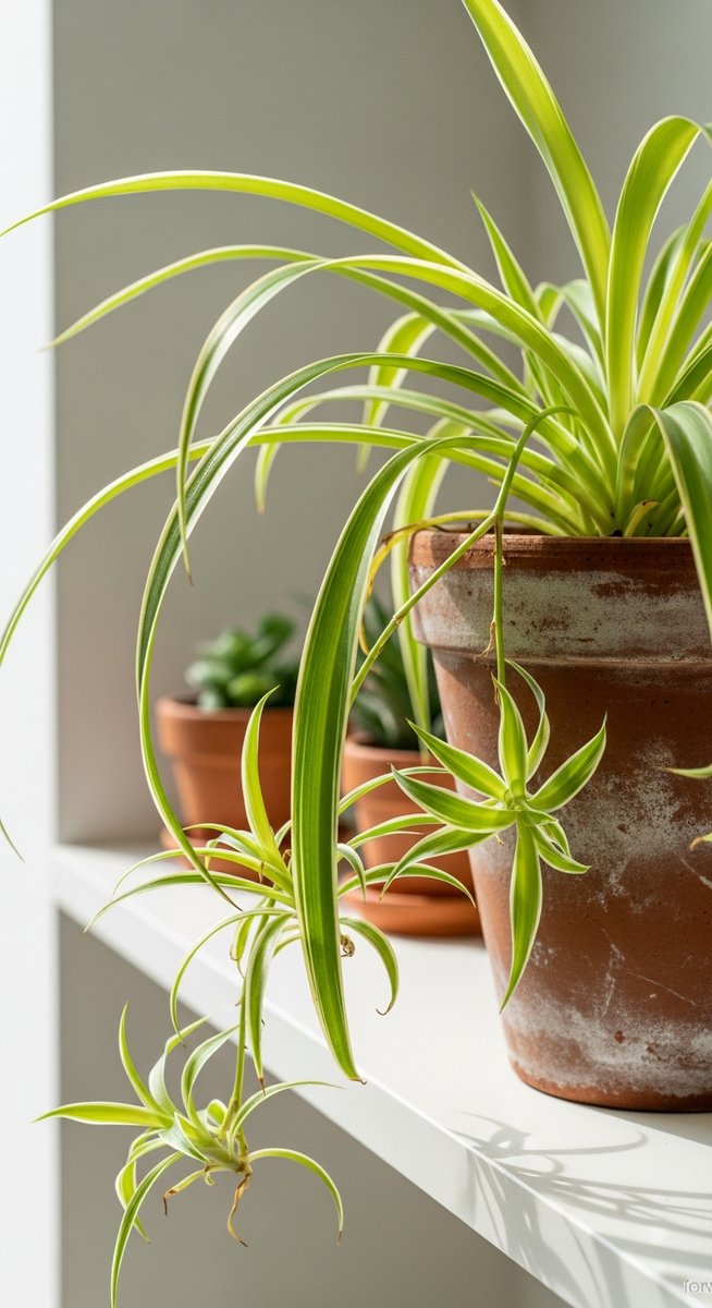a lush spider plant plant in a terracotta pot on a white shelf