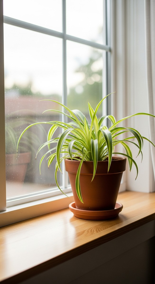 a spider plant plant in a pot near a bright window