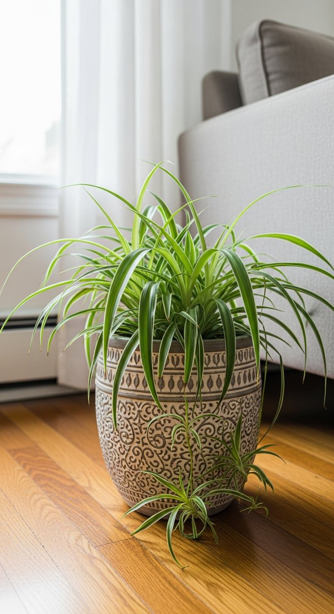 a spider plant plant in a decorative pot on a wooden floor