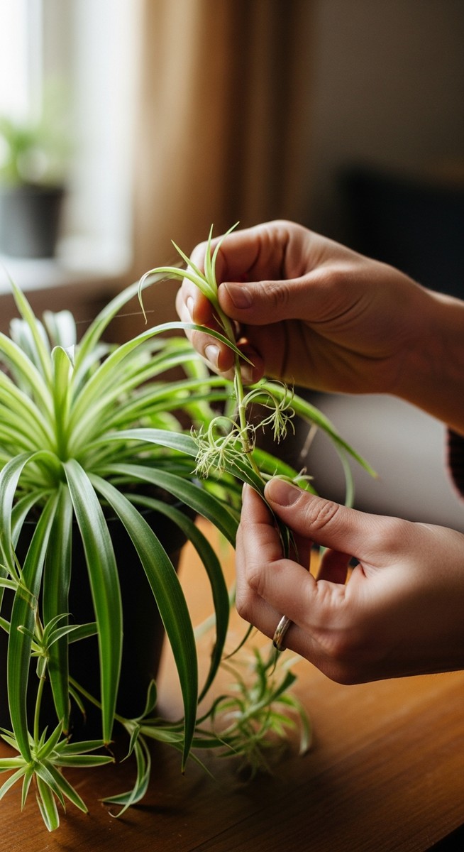 hands touching the leaves of a healthy spider plant plant