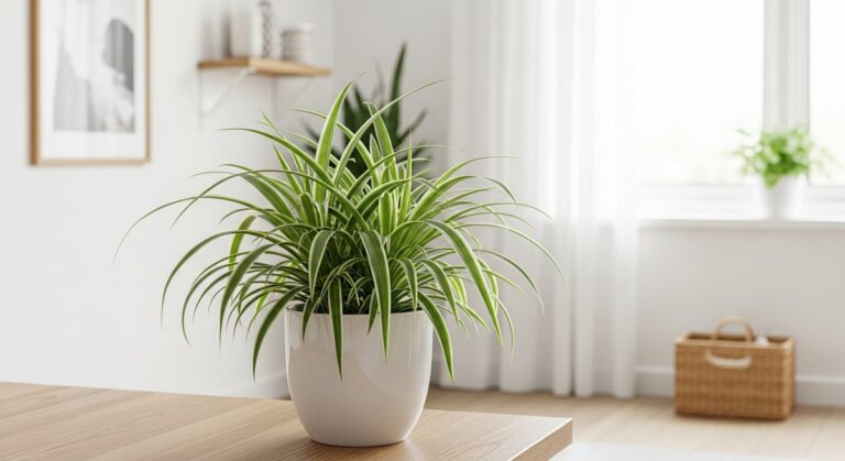 a healthy spider plant plant displayed in a bright modern living room, for spider plant care
