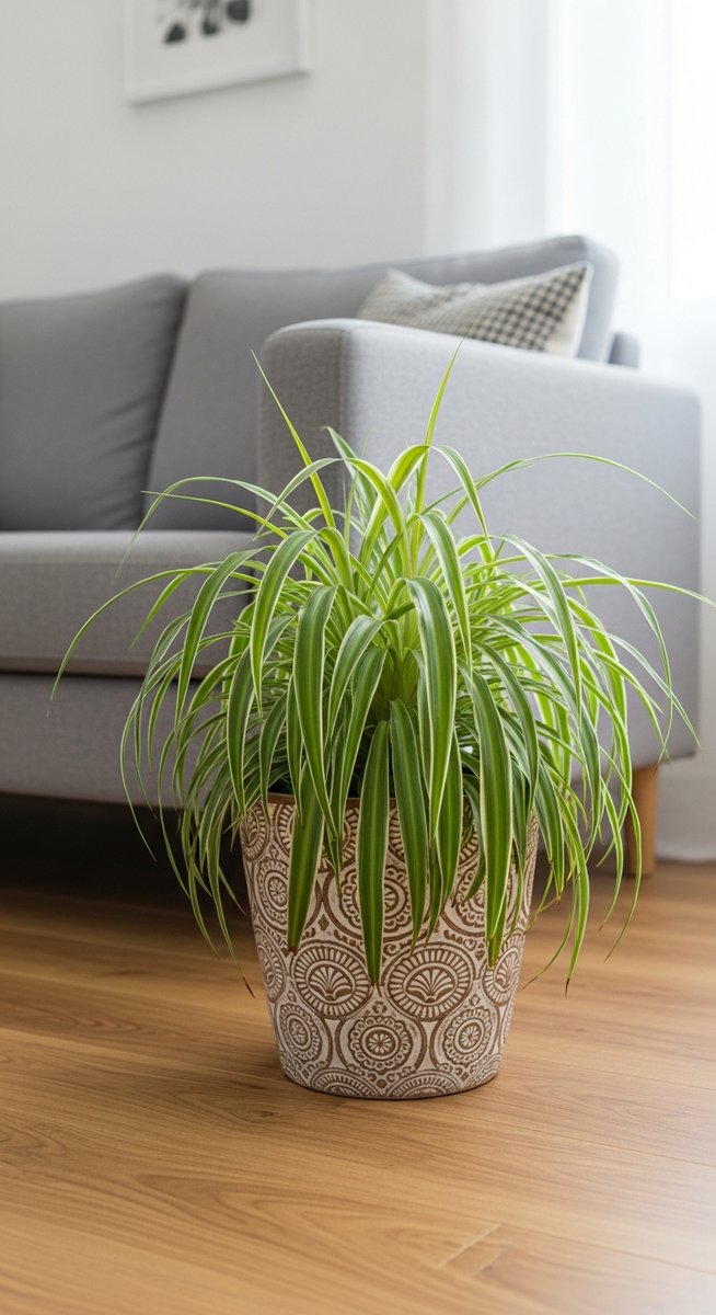 a spider plant plant in a decorative pot on a wooden floor