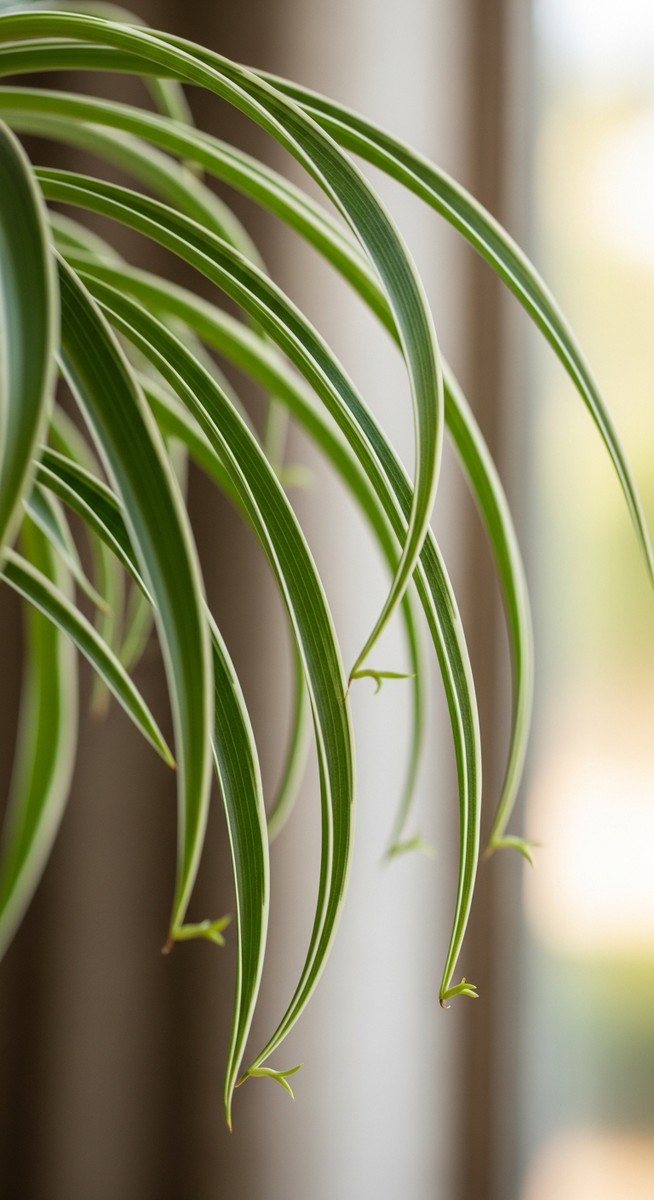 close-up of spider plant leaves looking lush in a bright home interior