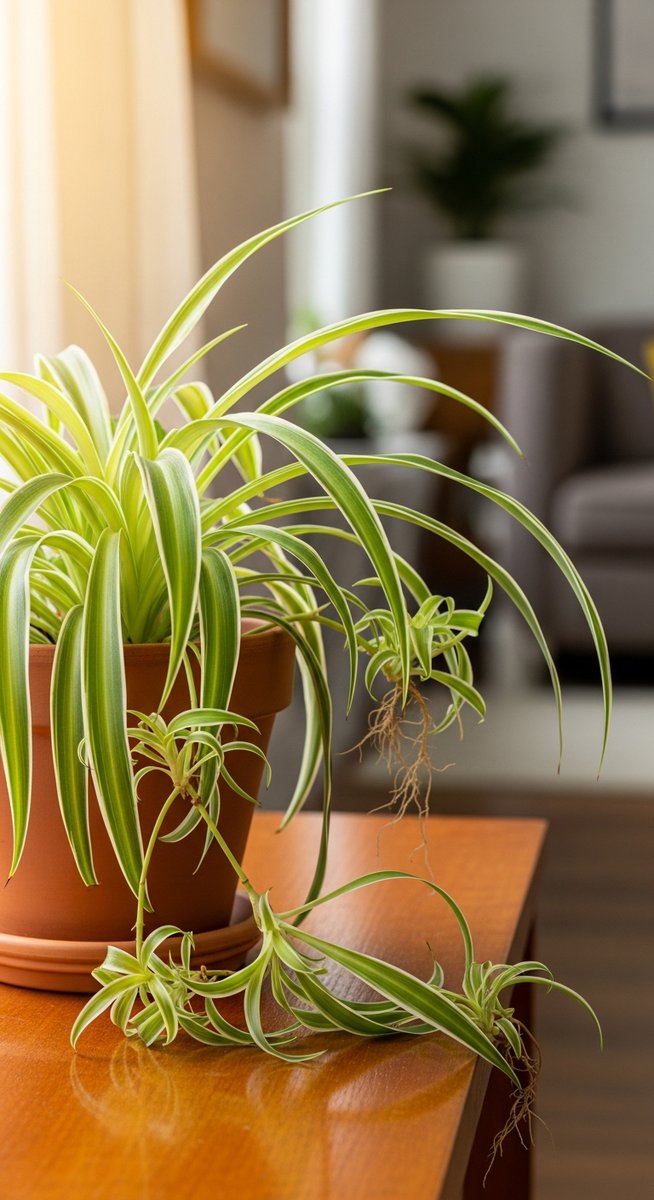 a spider plant thriving in a bright home interior, for spider plant light requirements