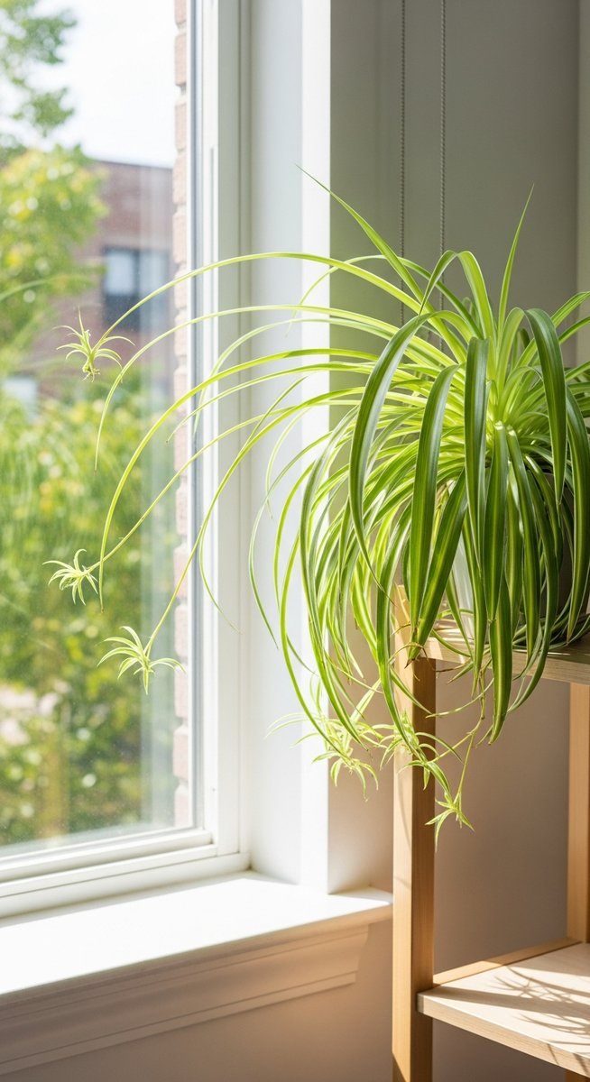 a spider plant growing toward the light source in a bright home interior, for spider plant light requirements