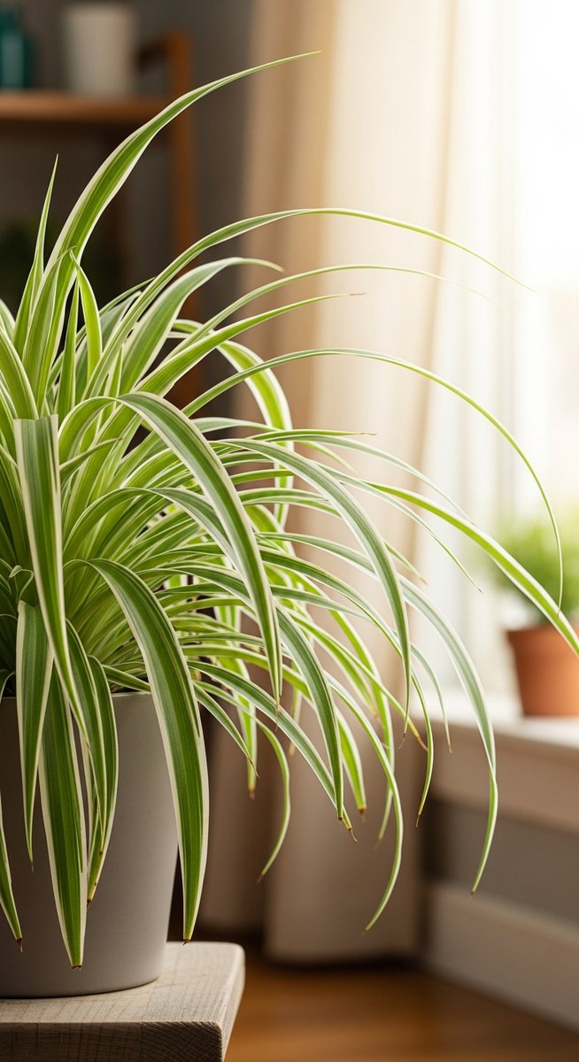 a spider plant with its leaves oriented toward the light in a bright home interior