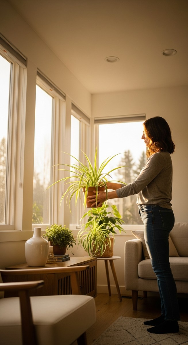 a person placing a spider plant in the ideal spot in a bright home interior, for spider plant light requirements